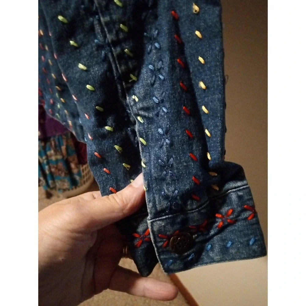 Graff By Um Denim Blue Jean Jacket Embroidered Colorful Button Up Women's Size S
